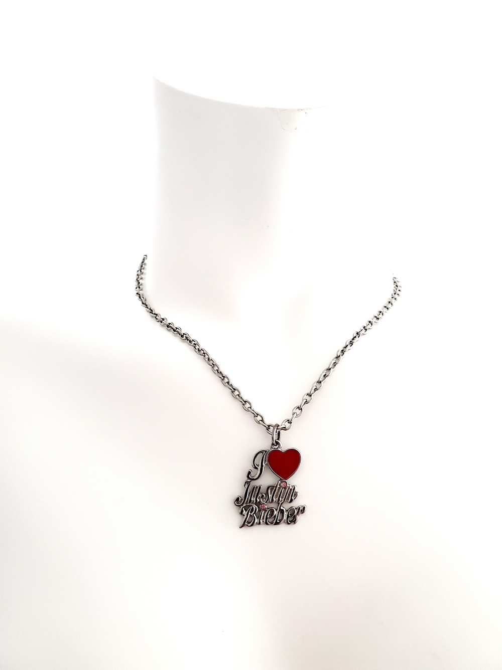 Justin Bieber Silver-Tone Necklace with Red Heart Script Charm
